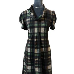 JH Plaid Short-Sleeve Cowl Neck Dress in Green and Black